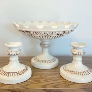 VTG 70s Farmhouse Ceramic Console Pedestal Bowl And Candlestick Set
